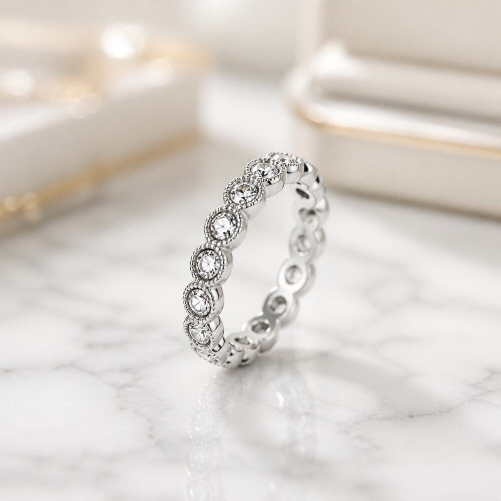 Full Eternity Ring with Bezel Set Crystals – Milgrain Silver Plated Wedding Band